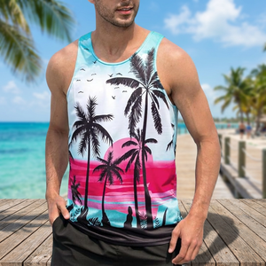 เสื้อกล้ามพิมพ์ลายต้นปาล์มเขตร้อนสำหรับผู้ชาย ระบายอากาศได้ดี สวมใส่สบาย คอกลม แขนกุด - Product Image 2