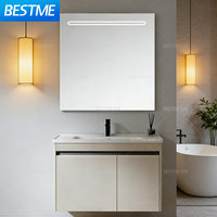 Meuble de salle de bain BESTME blanc chaud luxueux avec vasque en céramique revêtue d'acier inoxydable, moderne et écologique, pour hôtels, appartements et villas