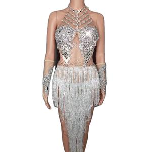 Oem Gaun <span class=keywords><strong>Prom</strong></span> Malam Wanita Kualitas Tinggi Gaun Bodycon Perak Tembus Pandang Rumbai Gaun Dansa Latin Berlian Imitasi - Product Image 6