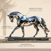 Sculpture de cheval géométrique moderne en acier inoxydable poli miroir, grande statue d'animal en métal pour la décoration paysagère extérieure du jardin
