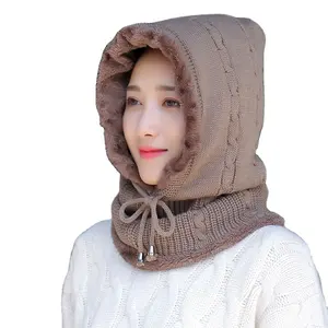 Female Winter Hat With Plush Lining All-matching Plus Velvet Warm Wool Knitted Hat Female Wind-proof Hat Scarf One-piece Warmhat