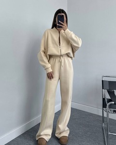 Black Women Zip Up Hoodie and Wide Leg Pants <b>Set</b> Casual Loose Knitted <b>Two</b> <b>Piece</b> Outfit <b>Lounge</b> Wear - Product Image 3