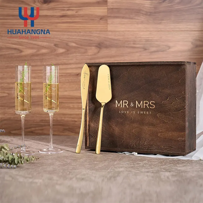 Custom Engraved Hand Made Crystal Glass Champagne Flutes With Cake Server Set In Wooden Gift Box For Wedding Engagement Birthday