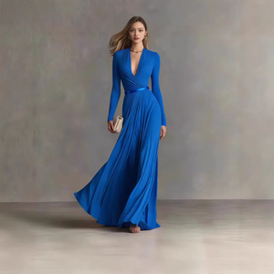Robe élégante pour femme à manches longues, couleur unie texturée, col en V, taille haute, Nouvelle collection Printemps-Automne 2026, pour le marché transfrontalier Europe-États-<span class=keywords><strong>Unis</strong></span> - Product Image 2