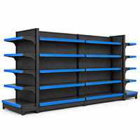 Étagère de présentation gondole double face noire pour supermarché, robuste, avec bord avant bleu, en métal, pour magasin de détail