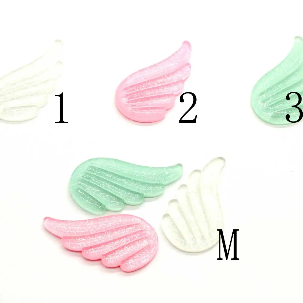 China Suppliers Glitter Angel Wing Resin 22*40mm Flatback Cabochon Loose Stickers Wedding Decoration