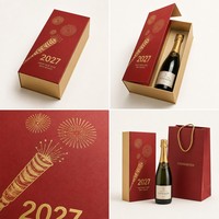 Boîte cadeau rigide rouge personnalisée pour champagne du Nouvel An, impression feu d'artifice dorée à chaud, pour bouteille unique, emballage festif pour vin mousseux