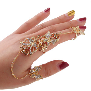 <strong>Gold</strong> Chain Link Rhinestone Flowers Butterfly Full Finger <strong>Rings</strong> <strong>Set</strong> for Women Wholesale - Product Image 1