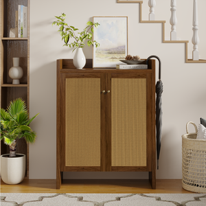 Rattan <b>Shoe</b> Cabinet 42.5 In Tall With Doors Wooden Freestanding Storage For Entryway - Product Image 2