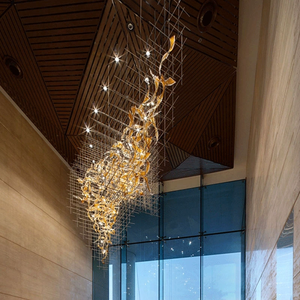 Lampadario Personalizzato Moderno in Acciaio Inox con LED e Foglie di Cristallo per Hall di <span class=keywords><strong>Hotel</strong></span> e Lobby - Product Image 4