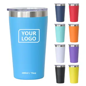 Custom 16oz 16 oz powder coated double wall insulated vacuum tumbler travel stainless steel coffee mug with plastic lid