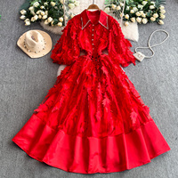 Robe de soirée élégante pour femme, coupe trapèze, col, appliqués en maille, taille ajourée, manches mi-longues