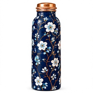 Navy Blue Floral <b>Metal</b> <b>Water</b> <b>Bottle</b> with Copper Lid Portable Travel Drinkware - Product Image 1