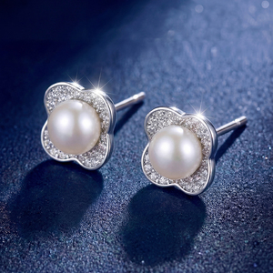 Copper Full Pave CZ <b>Four</b> <b>Leaf</b> Flower White Pearl Stud <b>Earrings</b> for Women Zircon Floral Pearl Jewelry Bridal Wedding Gift - Product Image 4