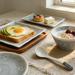 Service de table en céramique émaillée de qualité alimentaire, style japonais, peint à la main, motif fleurs de prunier gris, bols, assiettes et cuillères pour la maison - Product Image 2