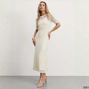 Abito Lungo in Maglia a Nido d'Ape con Maniche Corte e Collo Tondo, Elegante, Casual, Semplice, Lussuoso, Oversize, Stile <span class=keywords><strong>Sirena</strong></span> per Donne - Product Image 3