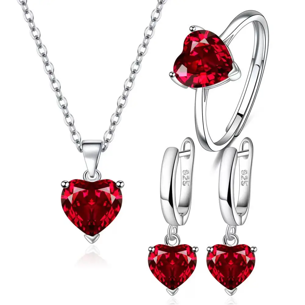 Wholesale cheap and easy to fade jewelry three-piece set, electroplated 925 sterling silver jewelry set,Heart-shaped gemstone