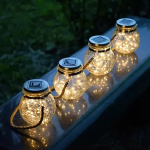 Nieuwe Zonne-Energie Handige Buitentuin Dakranden Hangende Hennep Touw Fles Glas Kan Koperdraad Led Lamp Decoratieve Oplaadlamp