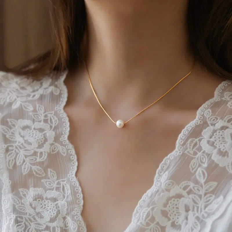 Süßwasser kultivierte Single Pearl Halskette Choker Edelstahl Dainty Pearl Anhänger Halsketten für Frauen