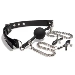 Leather Mouth Gag Latch Ball Gag With Chain Nipple Clamps Adult Fetish Bondage Harness Erotic Toys For Women