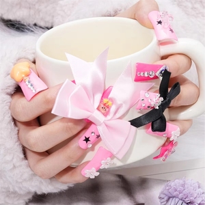 <span class=keywords><strong>Faux</strong></span> ongles gris à motif papillon rouge, forme bec de canard, personnalisés, faits main, à presser, pour usage privé - Product Image 5