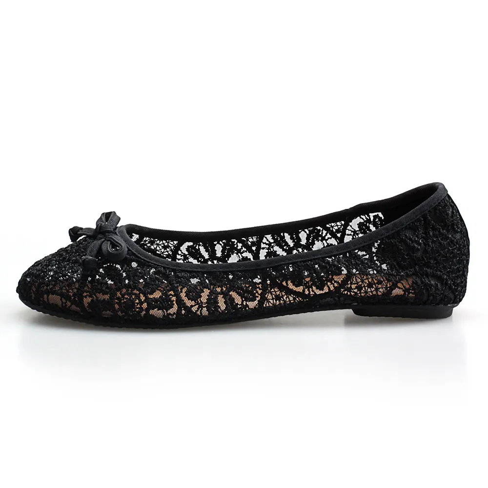 The ladies casual shoes women black lace material PU insole round toe soft ballet ballerina shoes