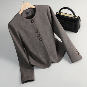 Women's Blazer Woolen Plaid Brown Gray Anti-Wrinkle Petite Casual Short Suit Autumn 2025 New Style - Product Image 1