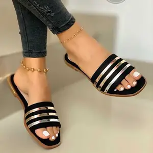 Summer Lady Slippers Soft Bottom Flat Gold Stripe Shoes Plus Size 35-43 Women Beach Casual Slppers