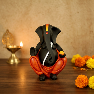 Statue moderne en résine du dieu Ganesha assis |   Finition Noir Orange |   Idole décorative artisanale pour le bureau à domicile |   Cadeau spirituel |   Nirmala - Product Image 3