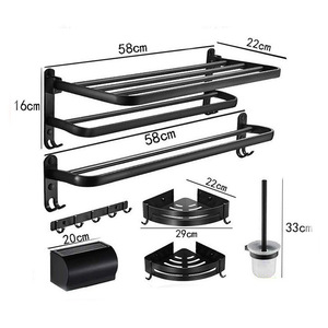 Bathroom Storage Rack Set Aluminum Alloy Wall <b>Mounted</b> Towel Rack <b>With</b> Hooks Corner Shelf And Toilet Brush Holder 58cm - Product Image 1