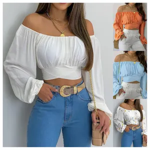 Hors épaule croix sangle à manches longues court CropTops pour les femmes en Stock printemps été femmes vêtements 2024 femmes Blouses