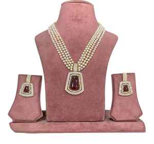 Collar Polki AD con cuentas verdes y blancas con pendientes largos Ropa de fiesta de Boda nupcial India para compromiso Hecho de latón - Product Image 1