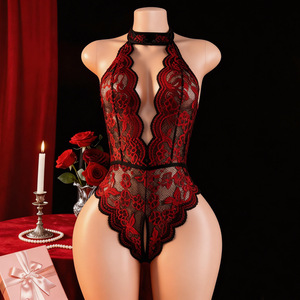 Body moulant sexy en dentelle transparente à décolleté plongeant, anti-rides, couvrant le ventre, style européen et américain, pour femme - Product Image 2