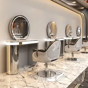 Modern luxury sliver stainless steel frame double sided salon mirror led light barber station set