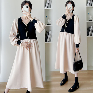 Mùa thu mới đến thời trang phụ nữ v-cổ dài tay áo dệt kim Chắp Vá ăn mặc áo len Ăn mặc - Product Image 2