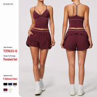 Ensemble de sport et yoga 2 pièces Dingtai pour femme : haut court brossé à col en V et blocs de couleur, short taille haute sculptant et rehausseur de fessiers