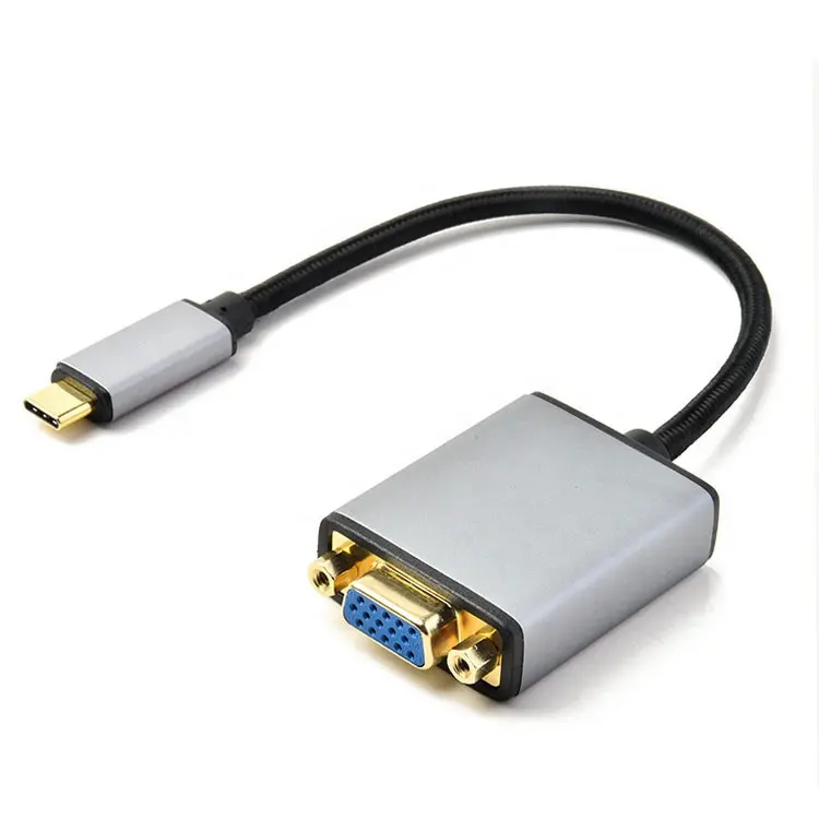 Kabel Adaptor Pria Ke VGA, Kabel Adaptor 4K USB Tipe C Paduan Aluminium