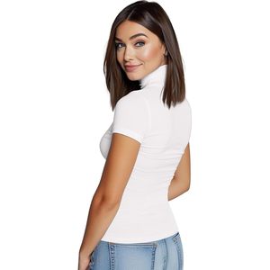 Haut à col roulé à manches courtes pour femme, coupe ajustée, en coton extensible et respirant, tricoté - Product Image 2