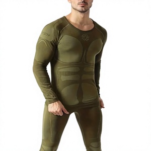 Ensemble de compression pour homme vert olive, manches longues, col rond, sous-vêtements longs, couleur unie, sportif, séchage rapide, réversible, écologique, hiver - Product Image 1
