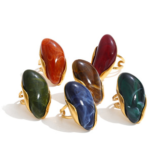 JINYOU 8473 Bague ajustable <span class=keywords><strong>double</strong></span> couche en acier inoxydable plaqué or, motif géométrique en résine, collection automne, vente chaude - Product Image 1