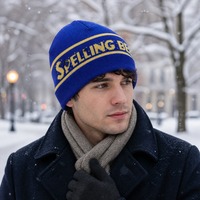 Topi Kupluk Rajut Akrilik Jacquard Logo Kustom Label Tenun Biru Grosir, Topi Rajut Jacquard Musim Dingin