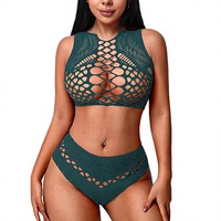 Ensemble de lingerie sexy ajouré en dentelle à maintien léger pour femme, comprenant un crop top une pièce et des culottes taille haute, lingerie exotique, vente en gros