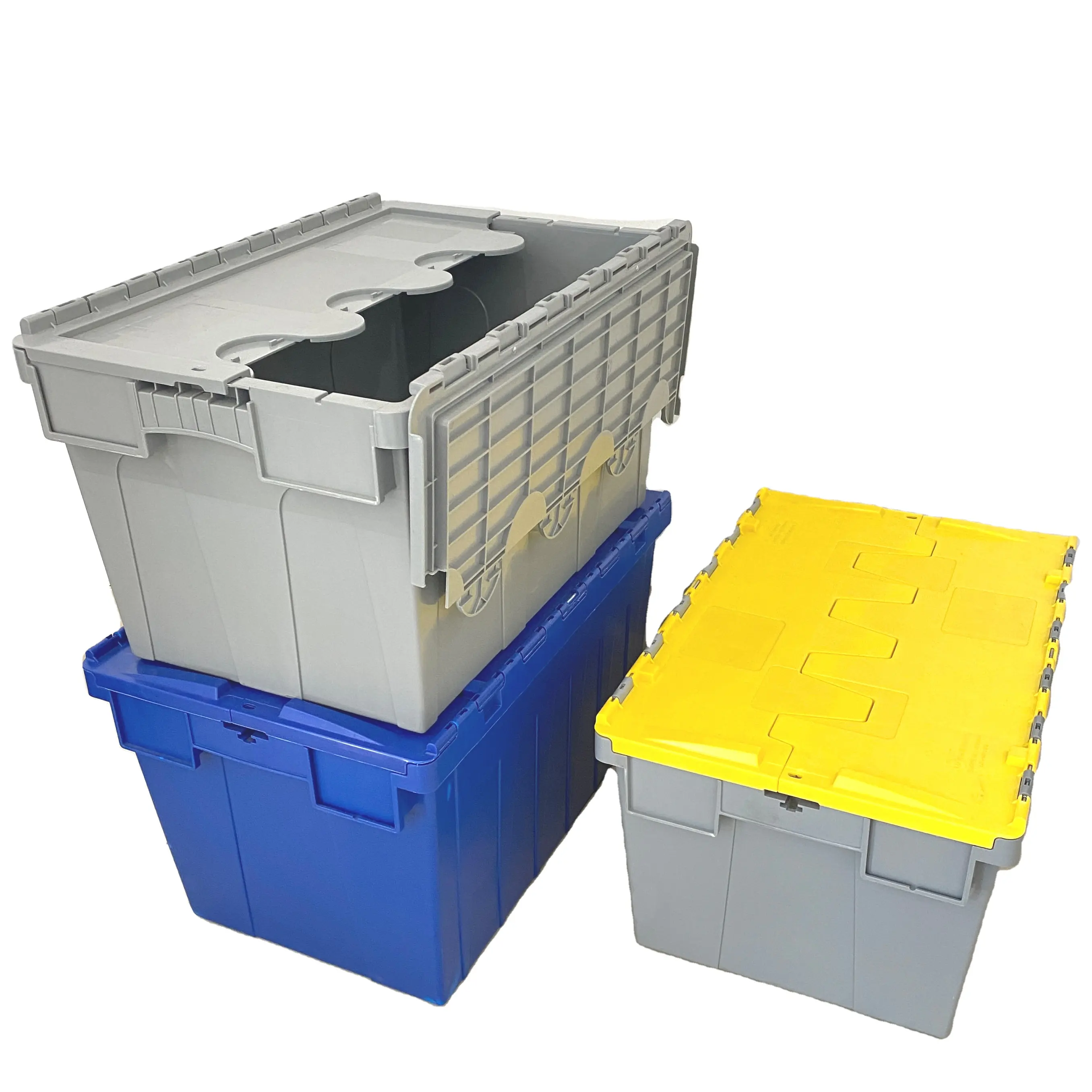 Heavy duty plastic nestable moving crates stackable storage attached lid tote plastic storage bins with lids