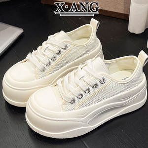 Nouveauté 2025, baskets unisexes blanches, été, maille respirante, cuir véritable, semelle épaisse surélevée, plateforme, chaussures décontractées - Product Image 4