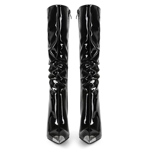 Botas Altas de Mujer Talla Grande 45 de Horma Ancha con Punta Metálica, Zapatos de Tacón Alto para Dama, Botines Largos con Empeine Plisado de Charol - Product Image 3