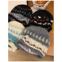 Gorro de Punto Acanalado Jacquard Vintage con Pompón, Estilo Fair Isle, Cálido y Versátil para Mujer