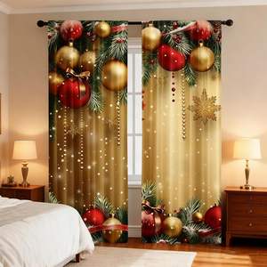 Luxuriöse Weihnachtsvorhänge Rot-Gold mit Kugeln und Tannenzweigen für Valentinstag, Weihnachten und Muttertag, Vorhänge mit 2 Paneelen, Anpassbar - Product Image 1