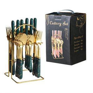 Stainless Steel Western Tableware Light Luxury Marble Ceramic Handle Main Dinner <b>Knife</b> <b>Fork</b> <b>Spoon</b> Tea <b>Spoon</b> 24-piece Gift <b>Set</b> - Product Image 1