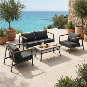 Ensemble <span class=keywords><strong>de</strong></span> canapé d'extérieur moderne 4 pièces avec structure en acier, accoudoirs en plastique imitation bois, table en plastique résistante aux intempéries, portable, pour <span class=keywords><strong>jardin</strong></span> et patio - Product Image 3