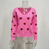 Valentine Sequin Coeur Broderie Tricot Col V Manches Longues Épaule tombante Doux Pull Pull Femmes